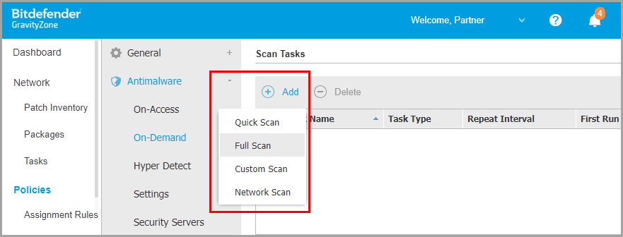 GravityZone policy: adding a scheduled scan task